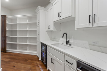 Large empty white walk in pantry with bar and sink