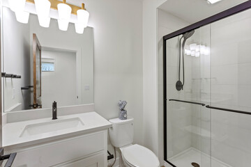 Clean white bathroom with black framed shower