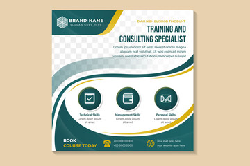 training and consulting specialist social media post template design with an image and text placement, professional eye-catchy colorful design. Standard for web banner and social media, vector square