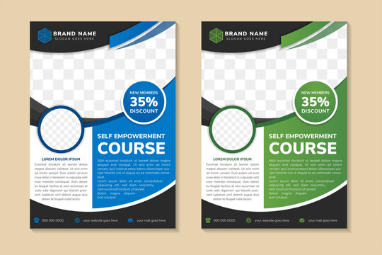 self empowerment course flyer template design with image and text placement, professional eye-catchy colorful design. Standard for web page banner and social media post, vertical vector layout.