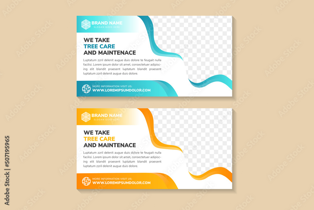 Poster set of vector abstract horizontal banner with wavy blue and yellow elements in white modern backgrou