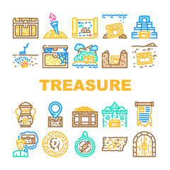 Treasure Precious And Antique Icons Set Vector. Treasure Chest And Manuscript, Compass Equipment And Map With Location For Finding, Gold Pile And Vintage Coin Searching Color Illustrations