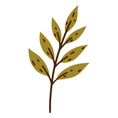 Obraz premium Bright autumn leaves on a branch vector icon. Hand drawn sketch of a field plant. Simple green twig, flat cartoon doodle. Seasonal clipart isolated on white. Fall botanical illustration
