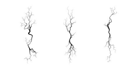 Crack on concrete or ground due to aging or drought. Set of fissures isolated in white background. Monochrome vector illustration
