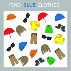 Find blue clothes. Preschool worksheet, worksheet for kids, printable worksheet
