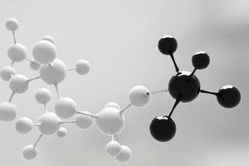 Abstract white and black molecules or atoms design. Clean pure structure for science experiment or medical in laboratory background. education chemical reaction. Object clipping path. 3d illustration.