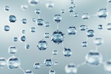 Abstract molecules or atoms design. Structure for Science or medical background. Water droplets bubbles connect reflection blue sphere circle clean and pure 3d on grey background. 3d illustration.