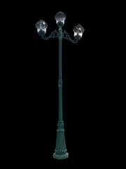 victorian and classic dark green streetlamp pillar style, isolated with clipping path on the black background