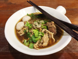 Thai Strwed Pork Noodle Soup in the bowl