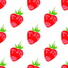 Colorful Strawberry with leaves isolated on white background is in Seamless pattern - vector illustration
