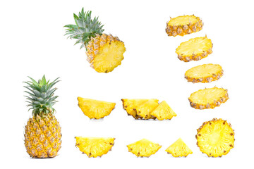 Fototapeta na wymiar Collection of sliced pineapples isolated on white background.