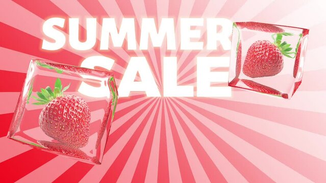 Summer sale 50% on radial background with strawberry into ice cubes 