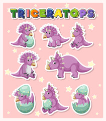 Set of cute triceratops dinosaur cartoon characters