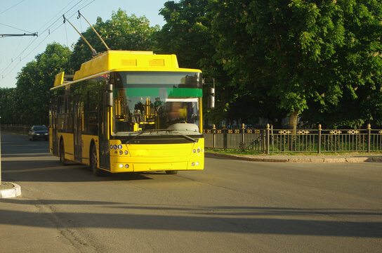 Ecological city transport. A yellow trolleybus driving along a city street against the backdrop of flowering chestnut trees.