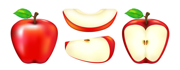 Red apple with green leaf and apple slice. Vector realistic illustration. Fresh isolated fruit.