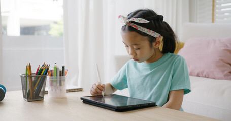 Asia young student Alpha gen Z girl fun play look at touch screen use stylus pen design idea...