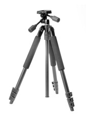 Black tripod isolated on white background.