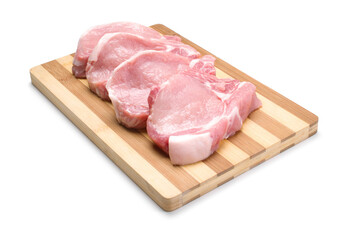 Sliced pork on wooden board isolated on white background.