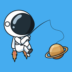 Astronaut Fishing planet Cartoon Vector Icon Illustration. Science Technology Icon Concept Isolated Premium Vector. Flat Cartoon Style