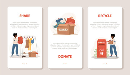 Donation clothes. African volunteers women share and recycle used clothes. Vector cartoon illustration. Set of mobile banners. Garbage sorting. Zero waste and eco friendly concept. Humanitarian help.