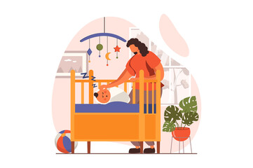 Newborn child in young family web concept in flat design. Happy mother stands by crib with sleeping baby. Mother takes care of small kid. Motherhood, childhood. Vector illustration with people scene
