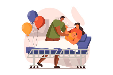 Newborn child in young family web concept in flat design. Happy mom holding infant while dad with balloons stands in maternity ward. Father and mother with kid. Vector illustration with people scene