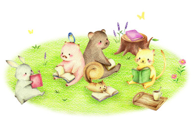 緑の野原で読書する動物たち　手描き色鉛筆画