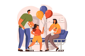 Newborn child in young family web concept in flat design. Happy mom holding infant while dad and daughter with balloons congratulation her in maternity ward. Vector illustration with people scene
