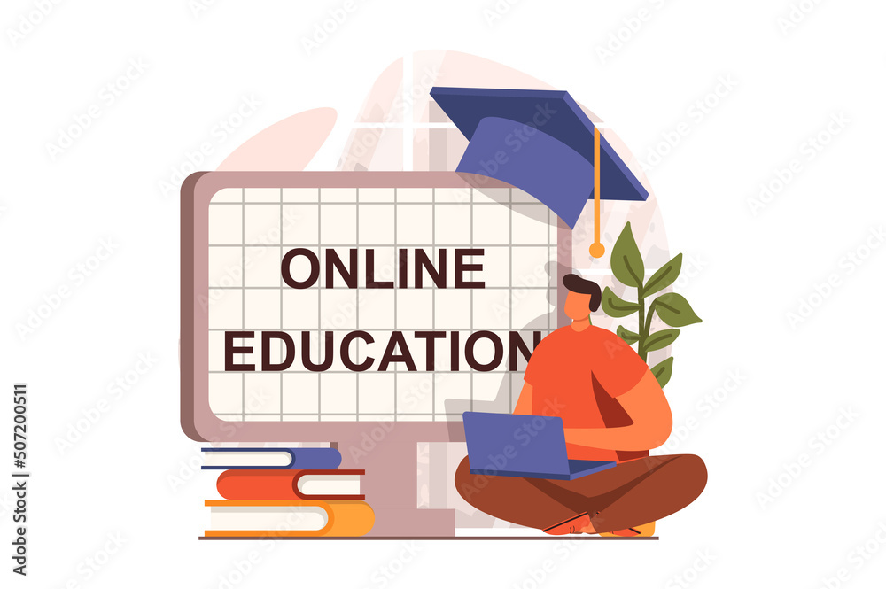 Poster online education web concept in flat design. student studies remotely using laptop, reads textbooks 