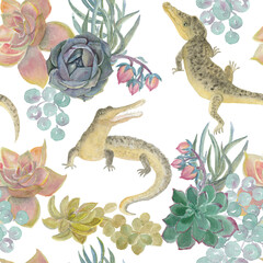 Watercolor painting seamless pattern with succulent flowers and crocodiles - 507200522