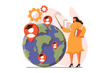 Online education web concept in flat design. Teacher explains lessons remotely and teaches at an international university with global online learning programs. Vector illustration with people scene