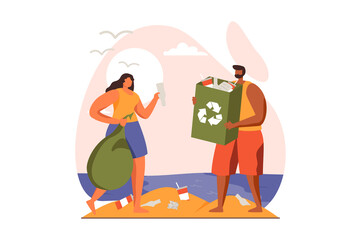 People collecting garbage web concept in flat design. Man and woman gathering plastic waste in bags on beach, sorting trash into containers for recycling. Vector illustration with characters scene