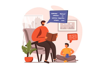 People reading book web concept in flat design. Dad reads fairy tales to his little son sitting in armchair at home. Happy family spend time with books. Vector illustration with characters scene