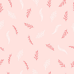 Fototapeta na wymiar beautiful leaves illustration on pink background. white and pink colors. hand drawn vector. seamless pattern with leaf. romantic background. wallpaper, fabric, textile, wrapping paper and gift. 