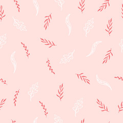 beautiful leaves illustration on pink background. white and pink colors. hand drawn vector. seamless pattern with leaf. romantic background. wallpaper, fabric, textile, wrapping paper and gift. 