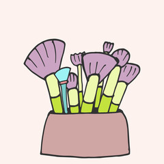 set of makeup brushes in pouch illustration. purple and green colors. hand drawn vector. closeup, single. beauty tool. cute and elegant. doodle art for label, logo, advertising, poster, banner. 