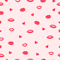 pink lips with heart illustration on pink background. hand drawn vector, seamless pattern with lips and heart. sexy lips. romantic background. doodle for wallpaper, wrapping paper and gift, fabric. 