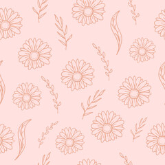 beautiful flower with leaf illustration isolated on pink background. romantic background. seamless pattern with flower and leaf. hand drawn vector. doodle for wallpaper, wrapping paper, fabric,textile