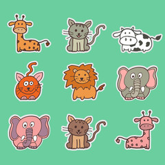 Obraz premium set of cute baby animal icon. hand drawn vector. elephant, giraffe, cow, cat and lion illustration on green background. doodle animal for kids, wallpaper, label, sticker, clipart, poster, card. 