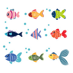 set of small fish icon. hand drawn vector. colorful fish illustration with bubbles on white background. decorative aquarium fish. doodle art for kids, sticker, clipart, poster, banner, card, advert. 