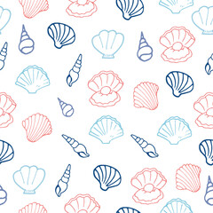 seamless pattern with cute seashell illustration isolated on white background. doodle art for wallpaper, wrapping paper and gift, fabric, textile, backdrop. blue and pink outlines. hand drawn vector. 