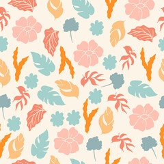 cute floral pattern. seamless pattern with colorful flowers and leaves illustration on pink background. hand drawn vector, pastel color. wallpaper, wrapping paper and gift, backdrop, fabric, textile.