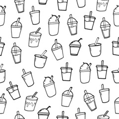 collection of drink cup with straw illustration isolated on white background. hand drawn vector. seamless pattern with cup of bubble tea. doodle for wallpaper, wrapping paper, fabric, textile. 