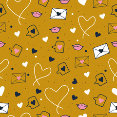 seamless pattern with valentine icon. hand drawn vector. envelope, heart, and lips illustration on brown background. retro style. doodle art for wallpaper, wrapping paper and gift, backdrop, fabric. 