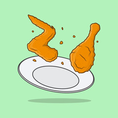 Fried Chicken Crispy On A Plate Cartoon Vector Illustration. Fried Chicken Flat Icon Outline