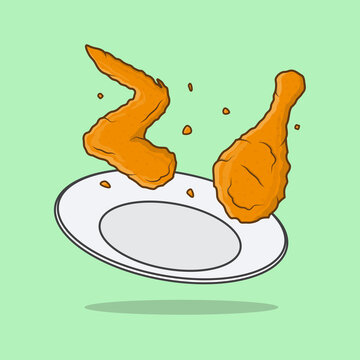 Fried Chicken Crispy On A Plate Cartoon Vector Illustration. Fried Chicken Flat Icon Outline