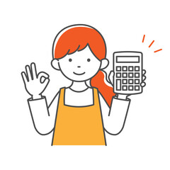 電卓を持ってOKサインをする主婦のシンプルイラスト