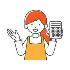 電卓を持って説明する主婦のシンプルイラスト