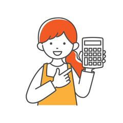 電卓を持って説明する主婦のシンプルイラスト