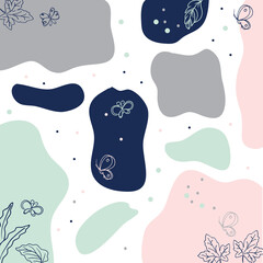 nature abstract background. leaves with flying butterfly illustration. hand drawn vector. pastel color. blue, grey and pink colors. wallpaper, poster, greeting card, wedding card, banner, cover. 